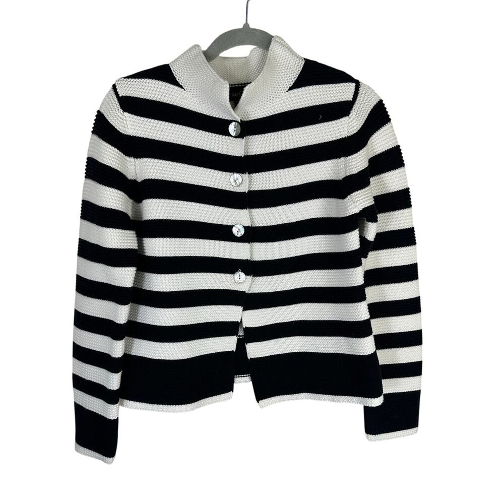 Sara Campbell Cardigan Women XS‎ White Navy Striped Excellent Pearl Button Mock